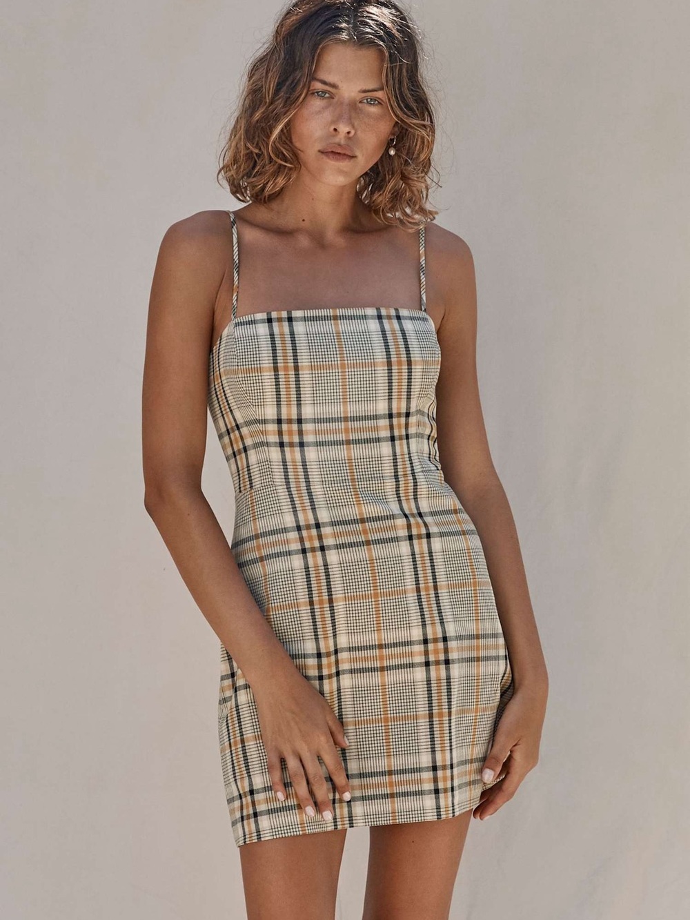 Aritzia Wilfred New Classic Mini Dress beige&Black Plaid Square-Neck Size2
